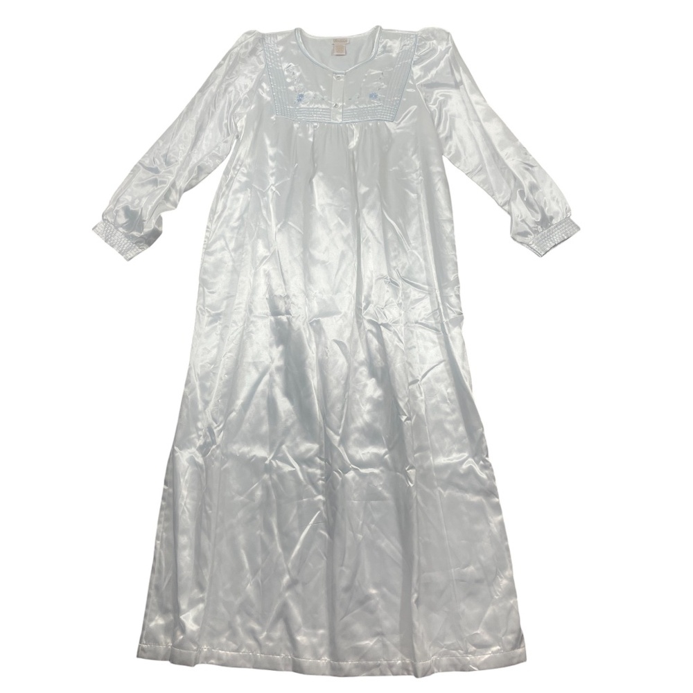 Barbizon Vintage‎ Medium White Satin Cotton Blend Embroidered Flowers Robe Gown